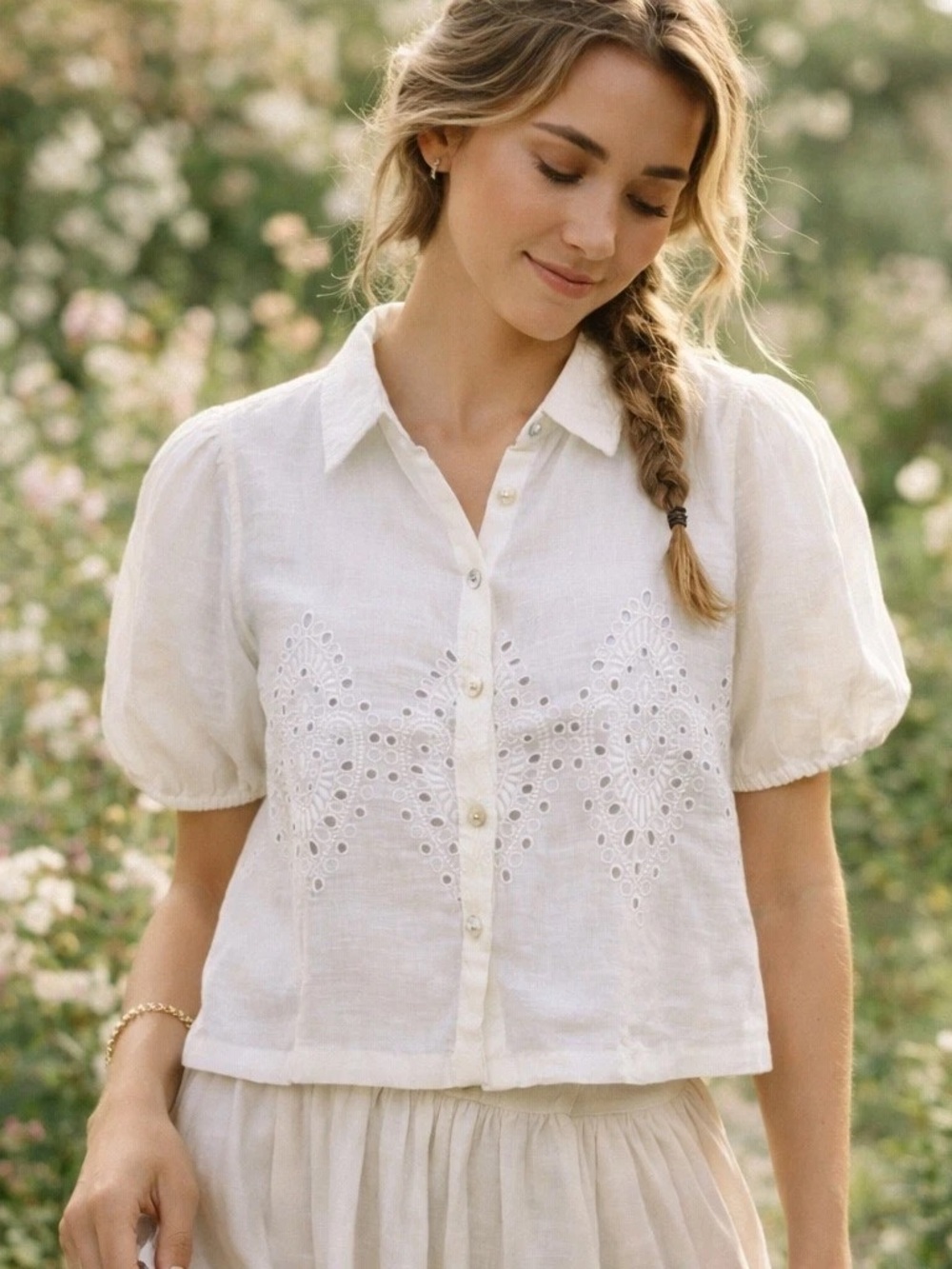 Joie Embroidered Eyelet Linen Top - sz M